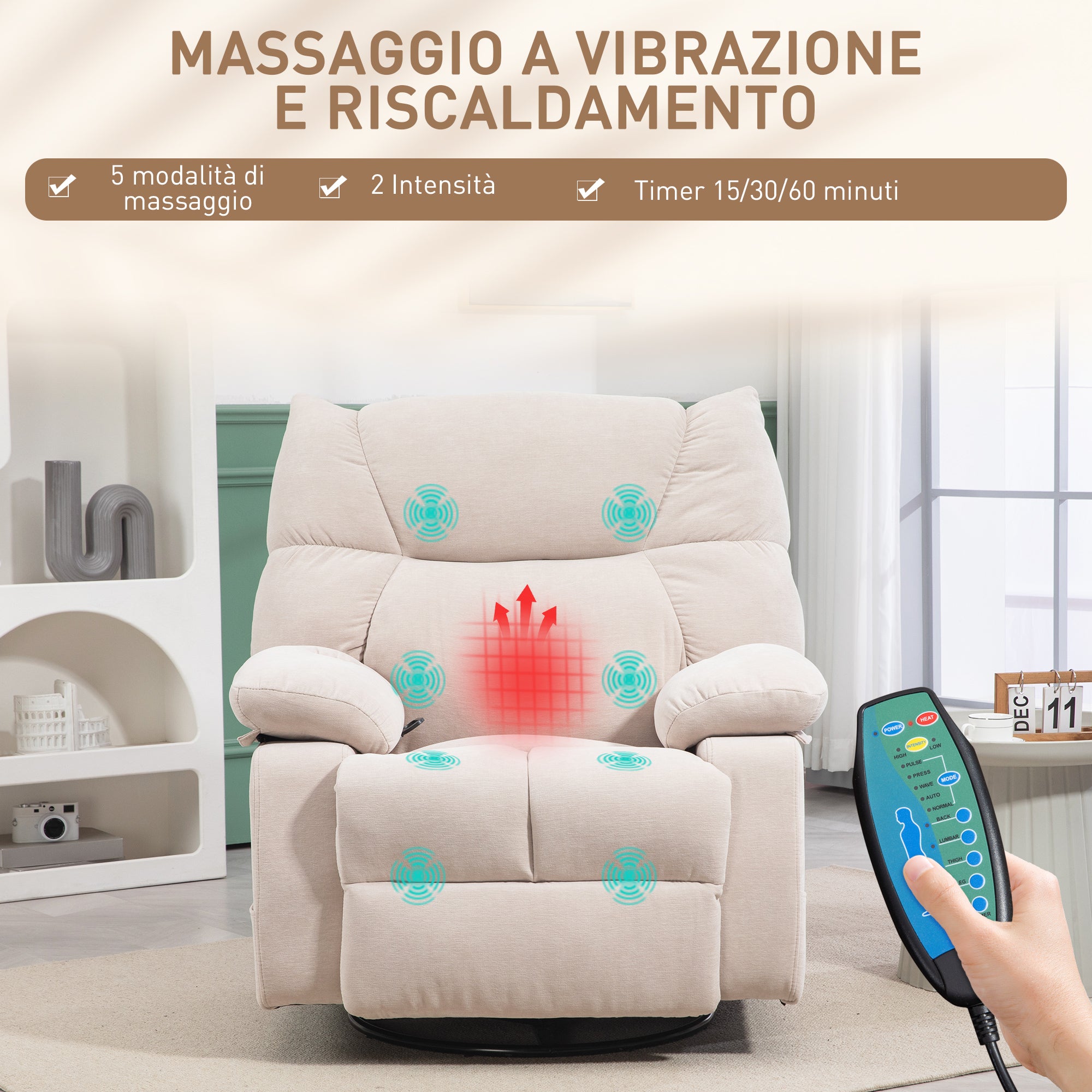 Recliner Chair with Footrest, Massage and Heating with 5 Programs and 8 Vibration Points, Beige