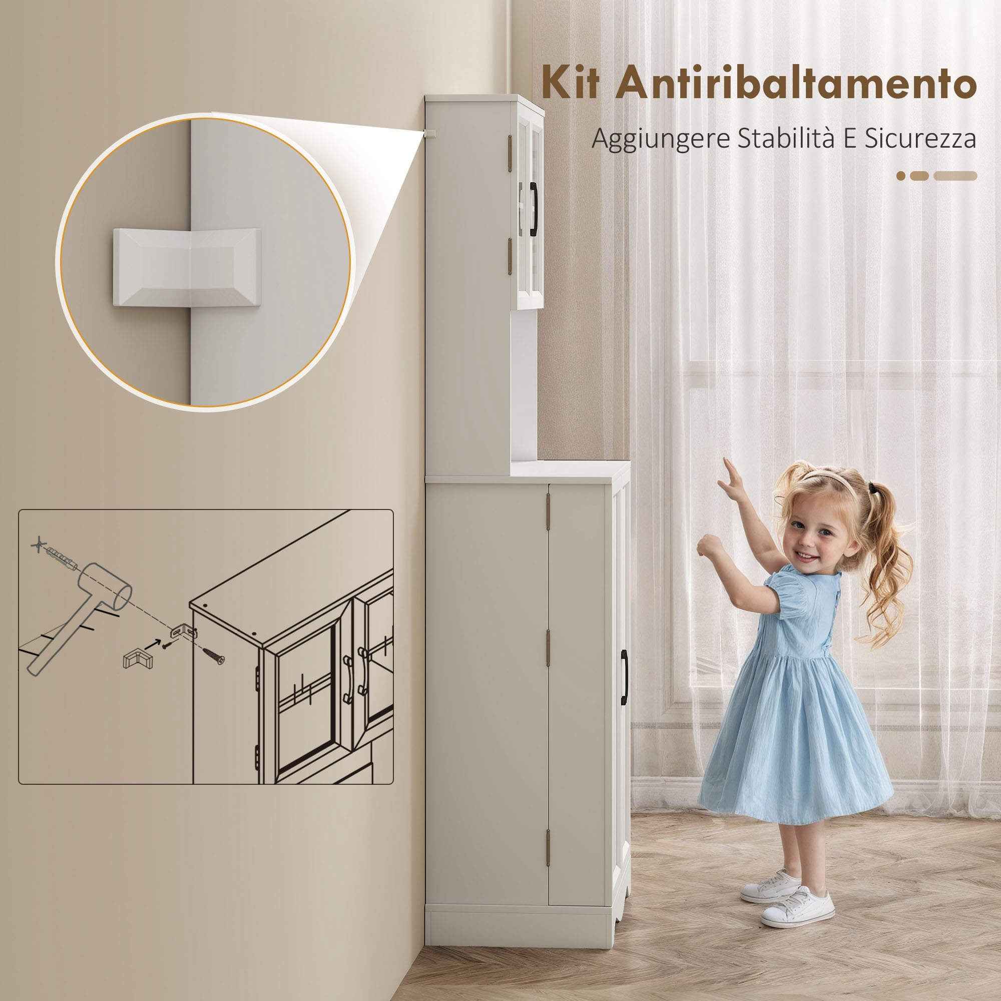 HOMCOM Kitchen Cabinet with 2 Cabinets and 8 Shelves, Wood and Acrylic, 60x39.5x179.6 cm, White