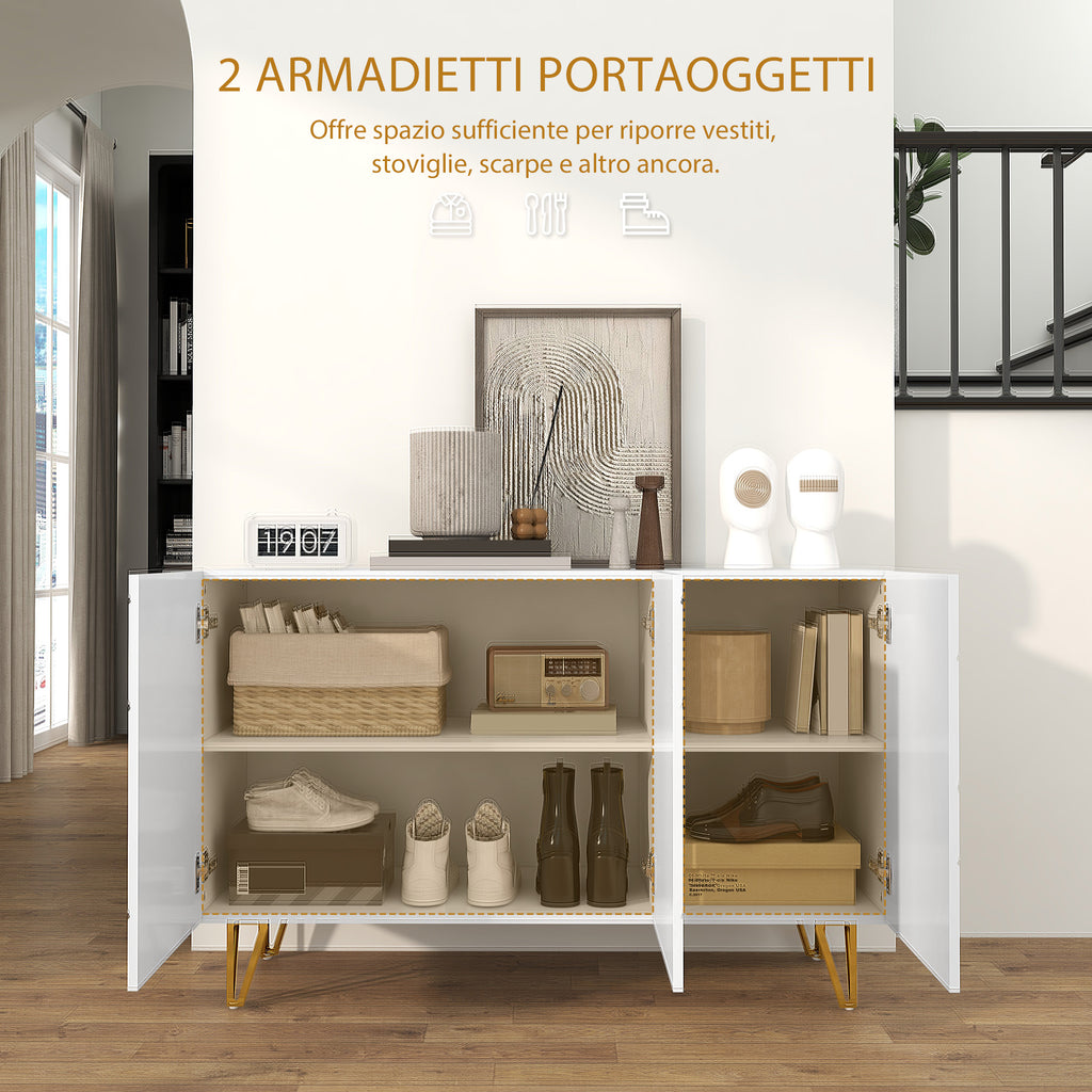 Storage Unit with 2 Cabinets and Adjustable Shelf, in Chipboard and Metal, 120x40x75 cm, White and Gold