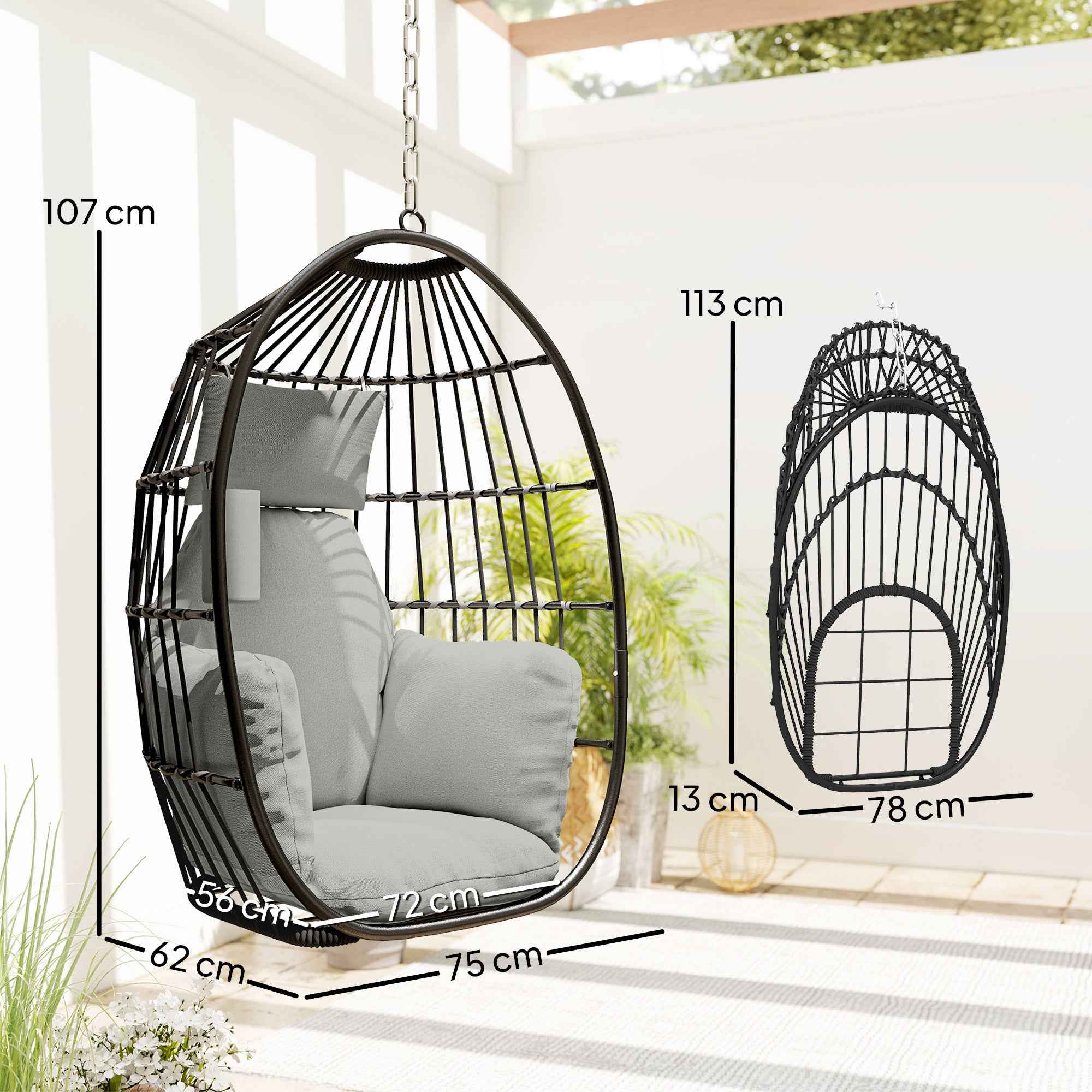 Outsunny Hanging Egg Chair with Hook, Cushion and Headrest, in Steel and Polyester, 75x62x107 cm, Grey