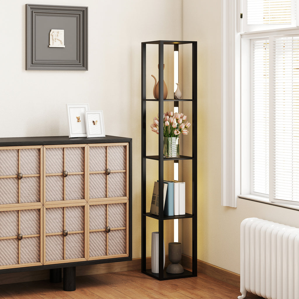 Floor Lamp with 4 Shelves, 3 Adjustable Brightness and Foot Switch, 29x29x163 cm, Black