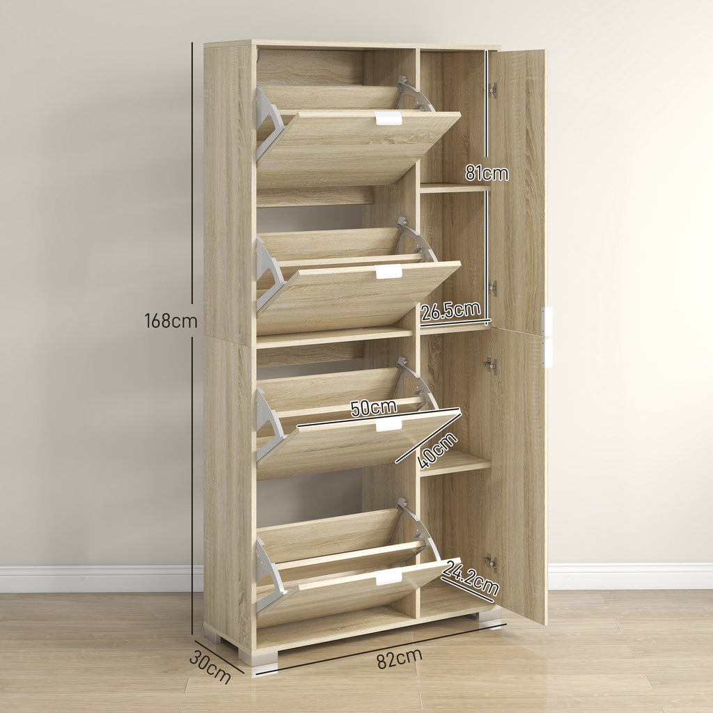 Shoe Rack with Mirror for 16 Pairs of Shoes, 4 Drop-Down Drawers and 2 Cabinets, 82x30x168cm, Oak