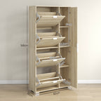 Shoe Rack with Mirror for 16 Pairs of Shoes, 4 Drop-Down Drawers and 2 Cabinets, 82x30x168cm, Oak