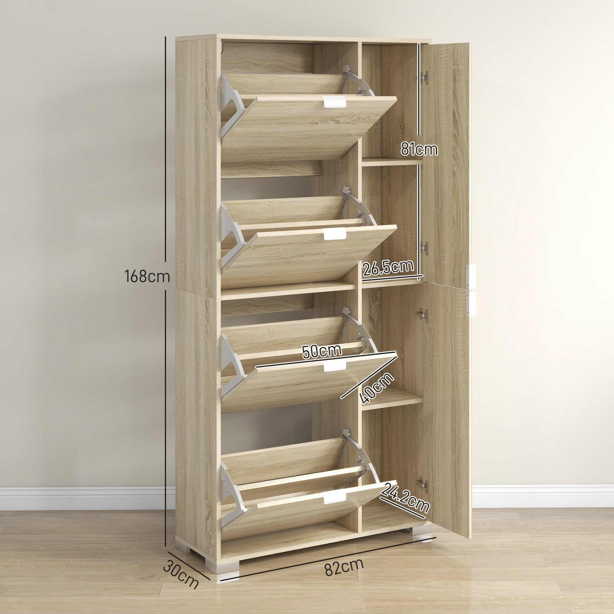 Shoe Rack with Mirror for 16 Pairs of Shoes, 4 Drop-Down Drawers and 2 Cabinets, 82x30x168cm, Oak