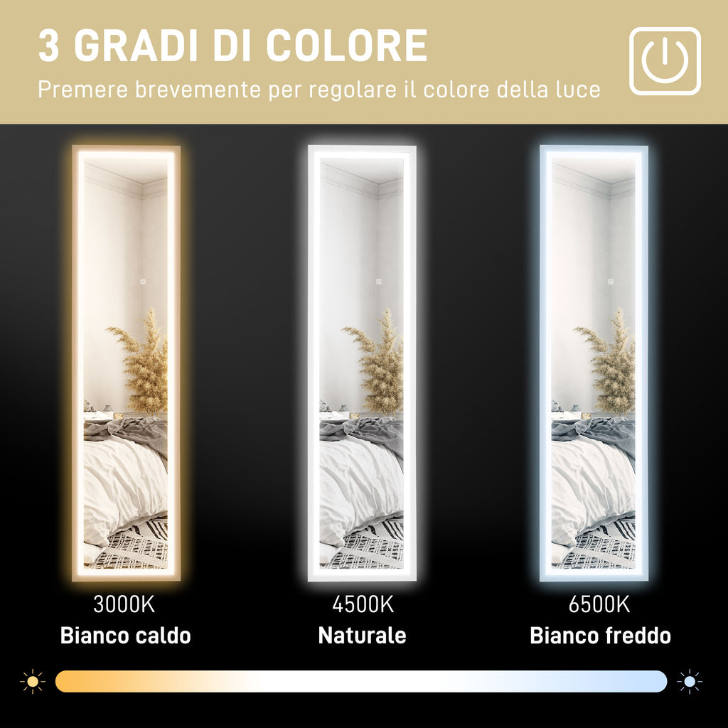 Illuminated Mirror with Adjustable LED Lights and Touch Button, Glass and MDF, 40x5x160 cm, White