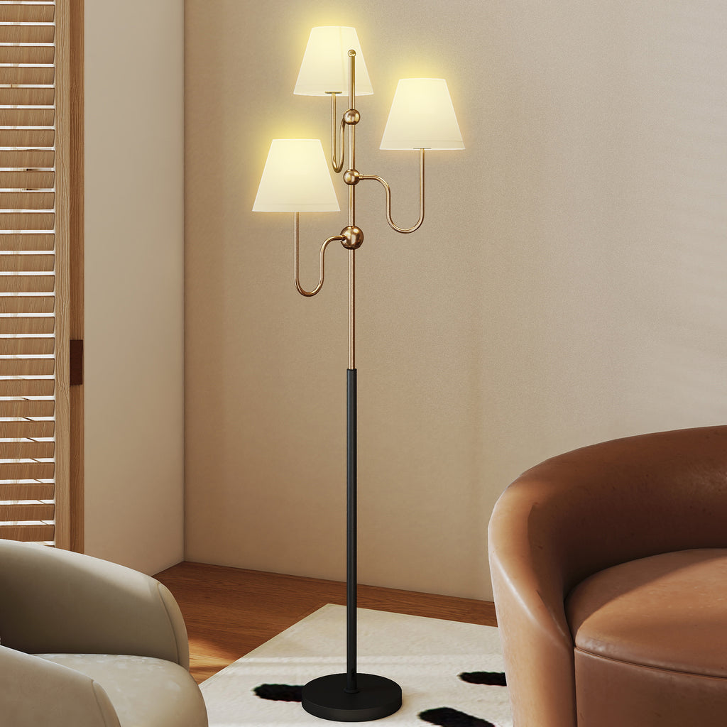 165cm High Floor Lamp with 3 Light Points and Foot Switch, E27 Socket Max 40W, Gold