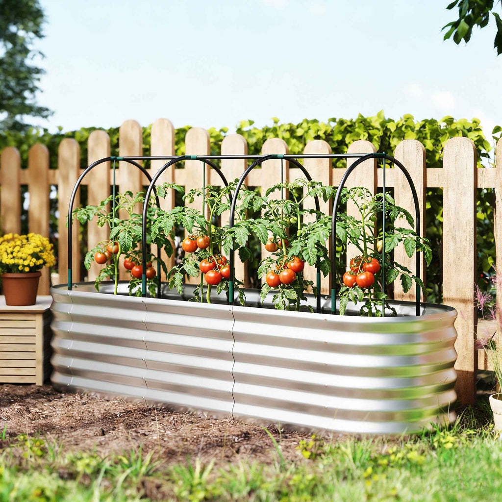 Outsunny Raised Outdoor Vegetable Garden with Trellis for Climbing Plants and Open Bottom, Steel, 200x60x103 cm, Silver