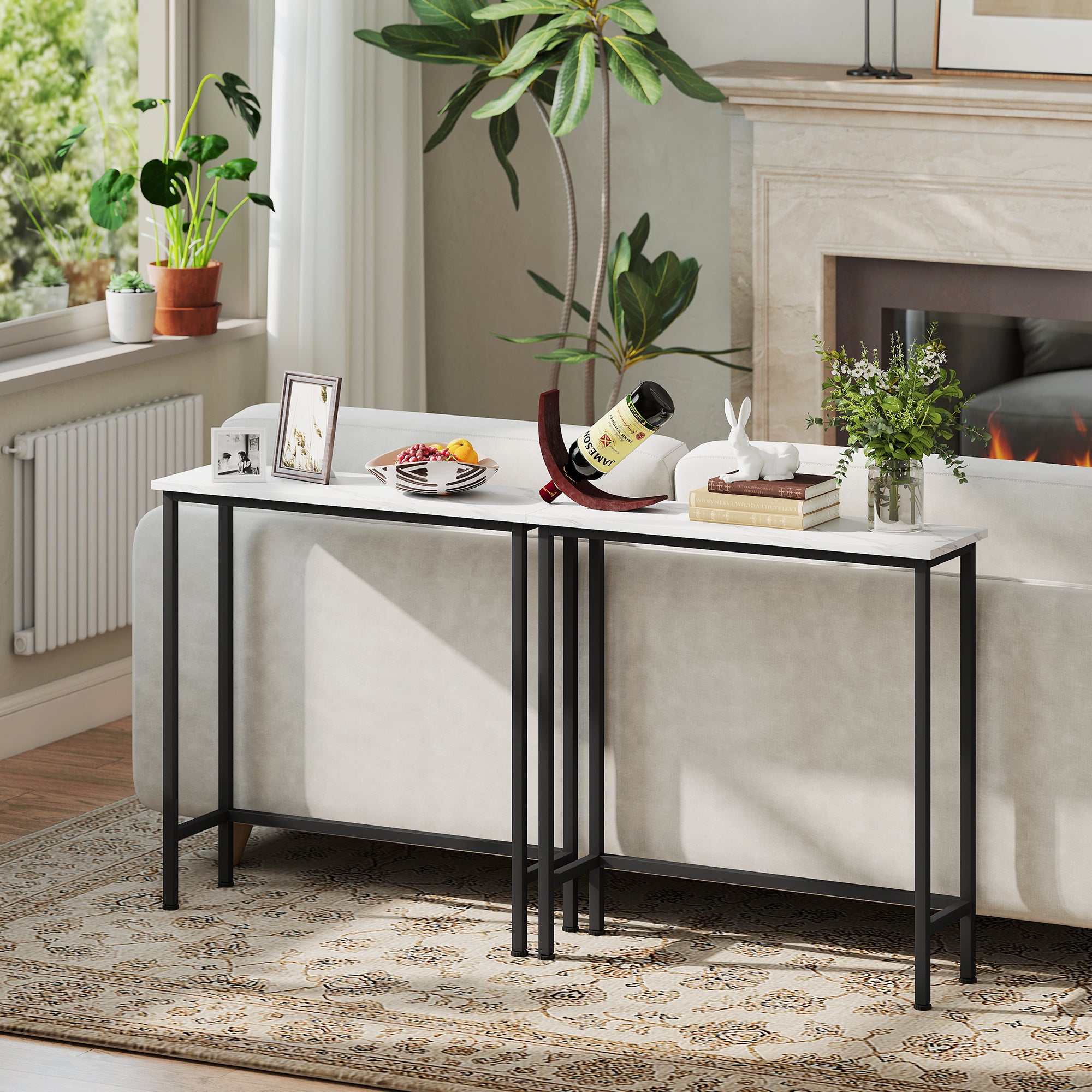 Entrance Console Table with Marble-Effect Top, in Wood and Steel, 75x24x76 cm, Black and White