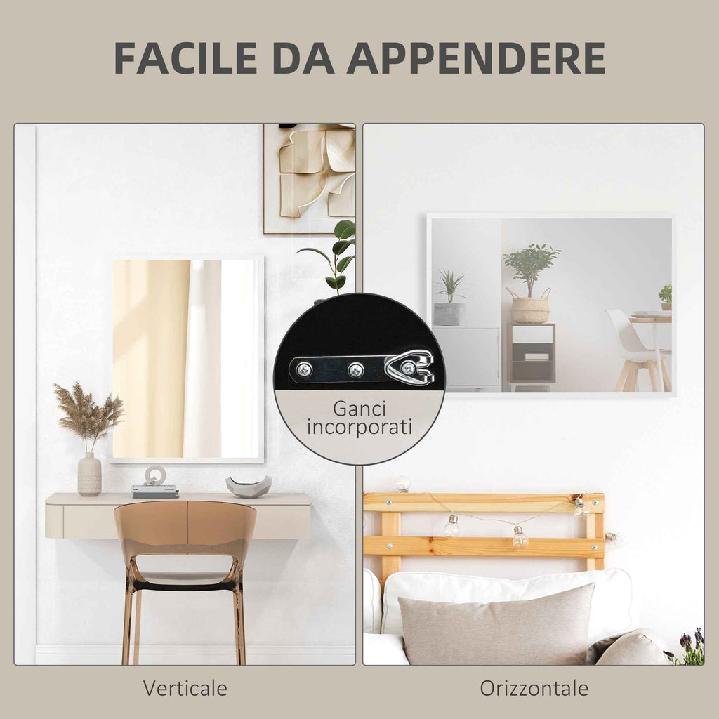 HOMCOM Rectangular Wall Mirror with Hooks, Glass and MDF, 60x80 cm, White