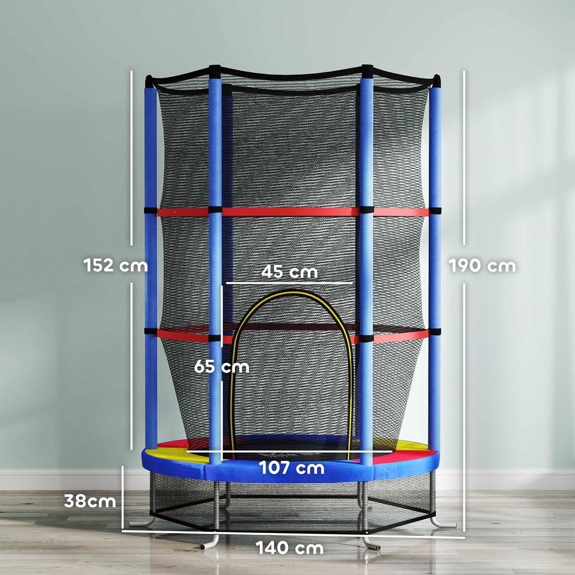 Trampoline for Children 3-6 Years with Safety Net, 6 Columns and 3 Entrances, Ø140x190 cm, Multicolor