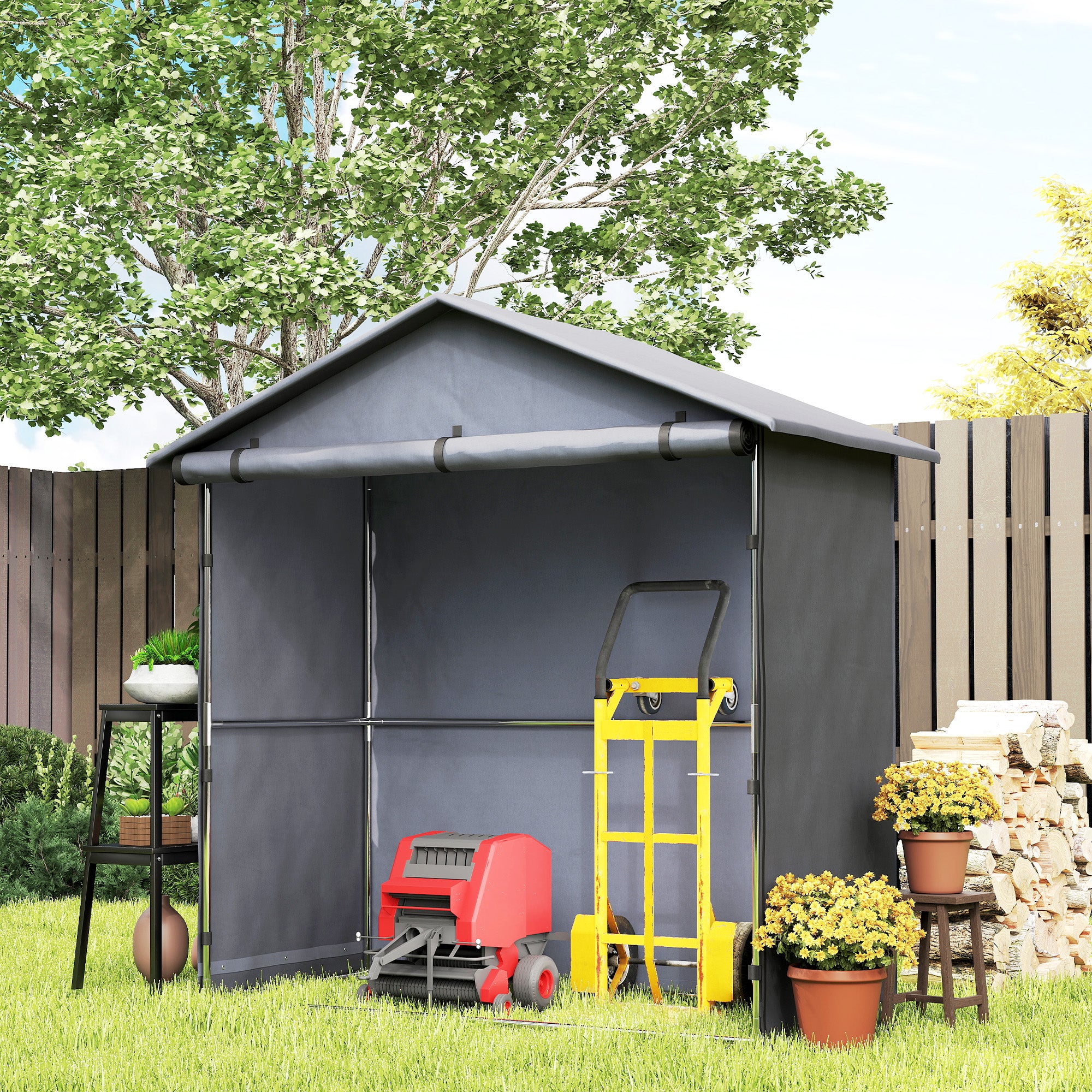 Garden Shed 1.1x2m with Roll-Up Door, Garage Tent for Bikes and Motorcycles, Dark Grey