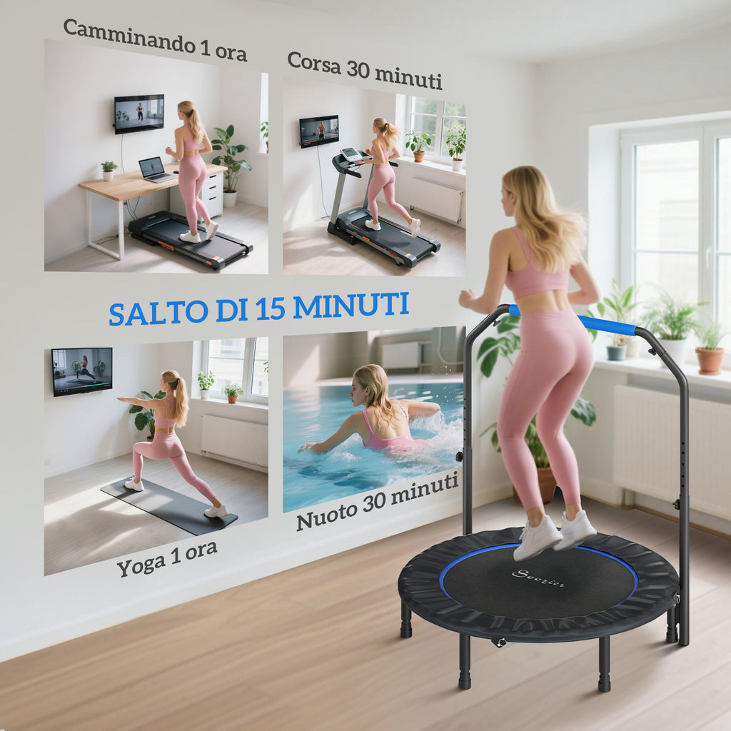HOMCOM Mini Fitness Trampoline Ø114 cm Foldable with Height-Adjustable Handlebar, Blue and Black