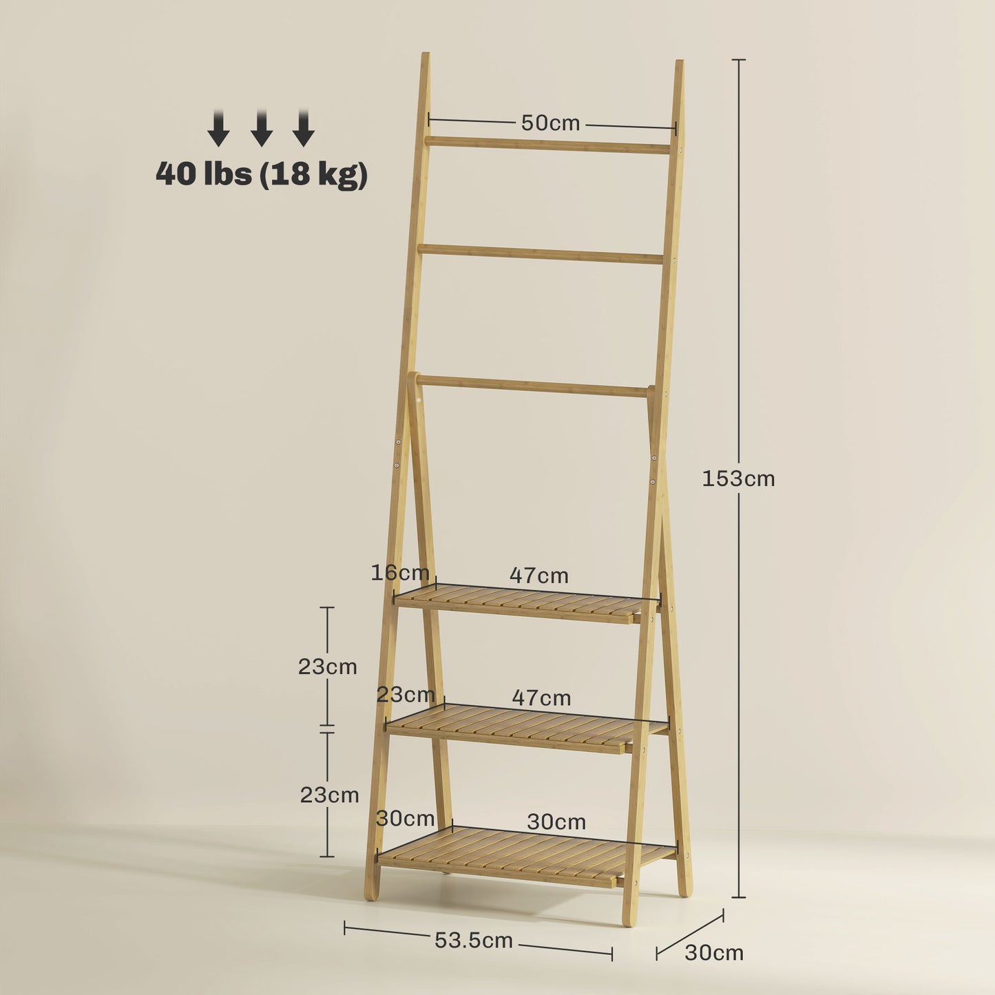 3 Shelf Bathroom Shelf with 3 Bar Towel Rack, Freestanding and Folding in Bamboo Wood