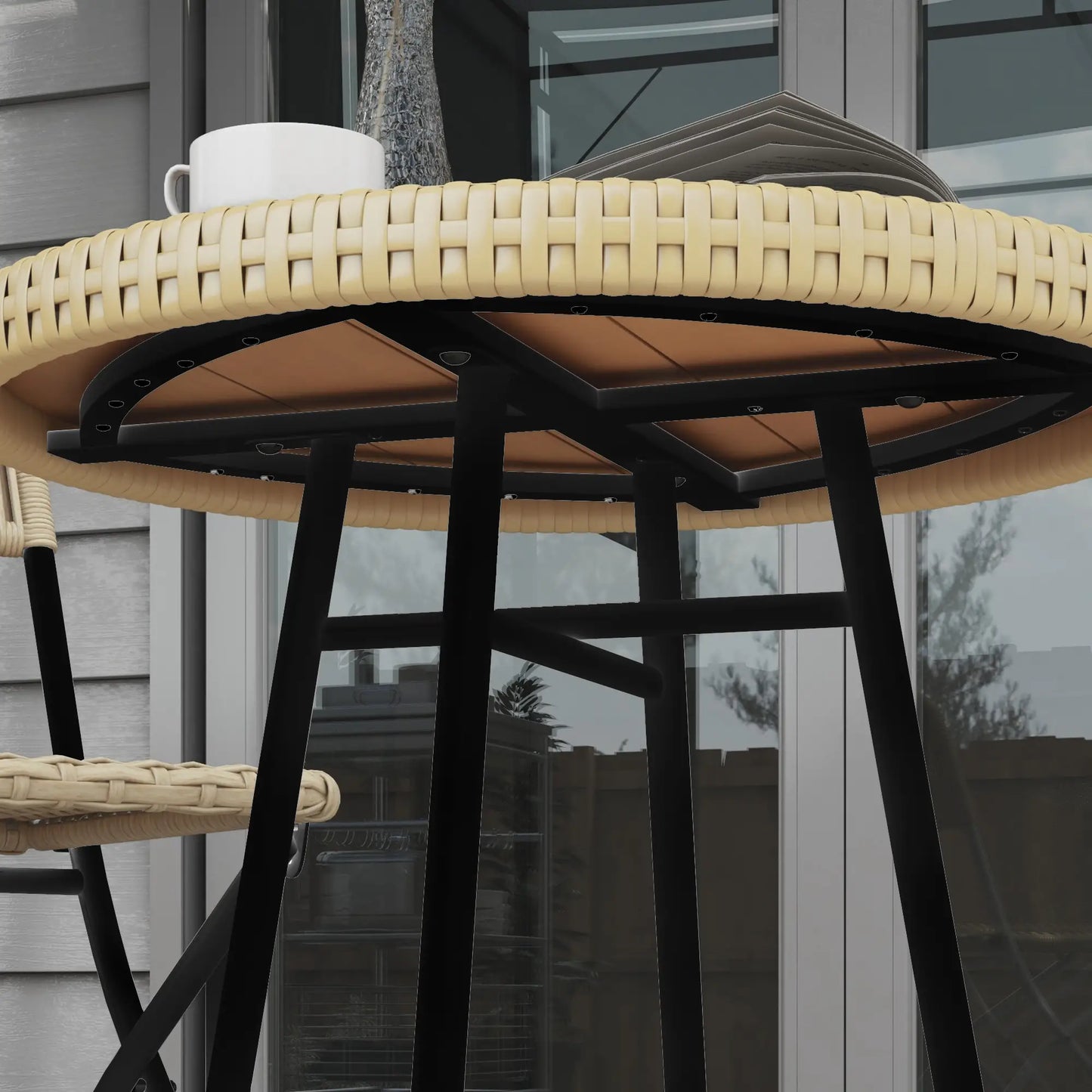 Modern Garden Table in Rattan and Steel, 50x50x55 cm, Black and Wood Color