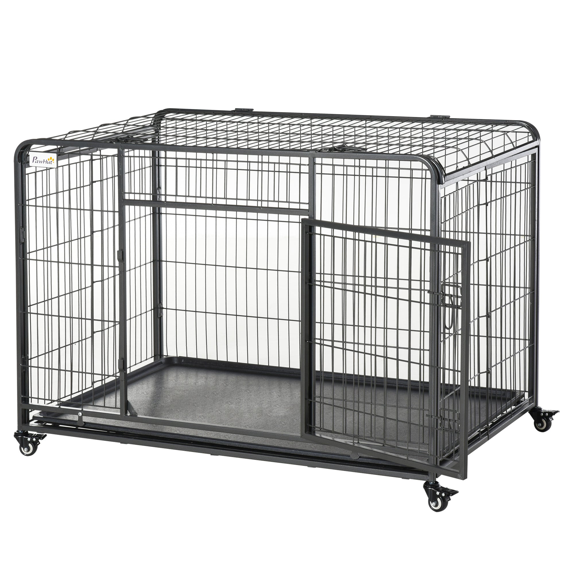 Kennel Folding Dog Cage Double Door with Lock 4 Wheels with Brake and Removable Bottom, 125x76x81cm