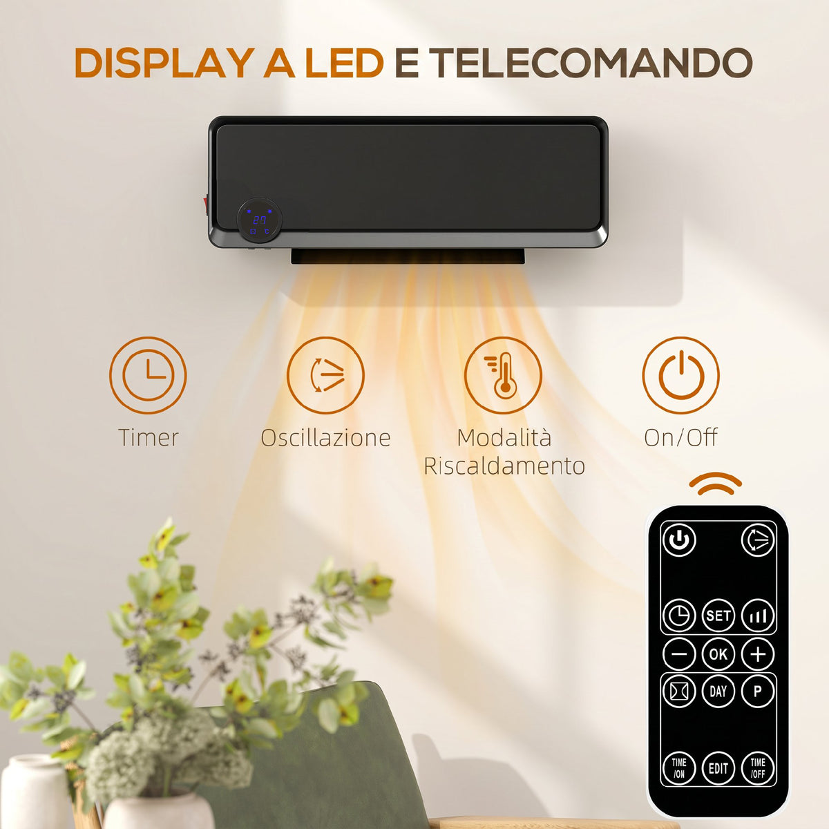 HOMCOM 3-Mode Wall-Mounted Electric Heater with 12-Hour Timer, Made of PP and PA, 56 x 18.5 x 11.7 cm, Black