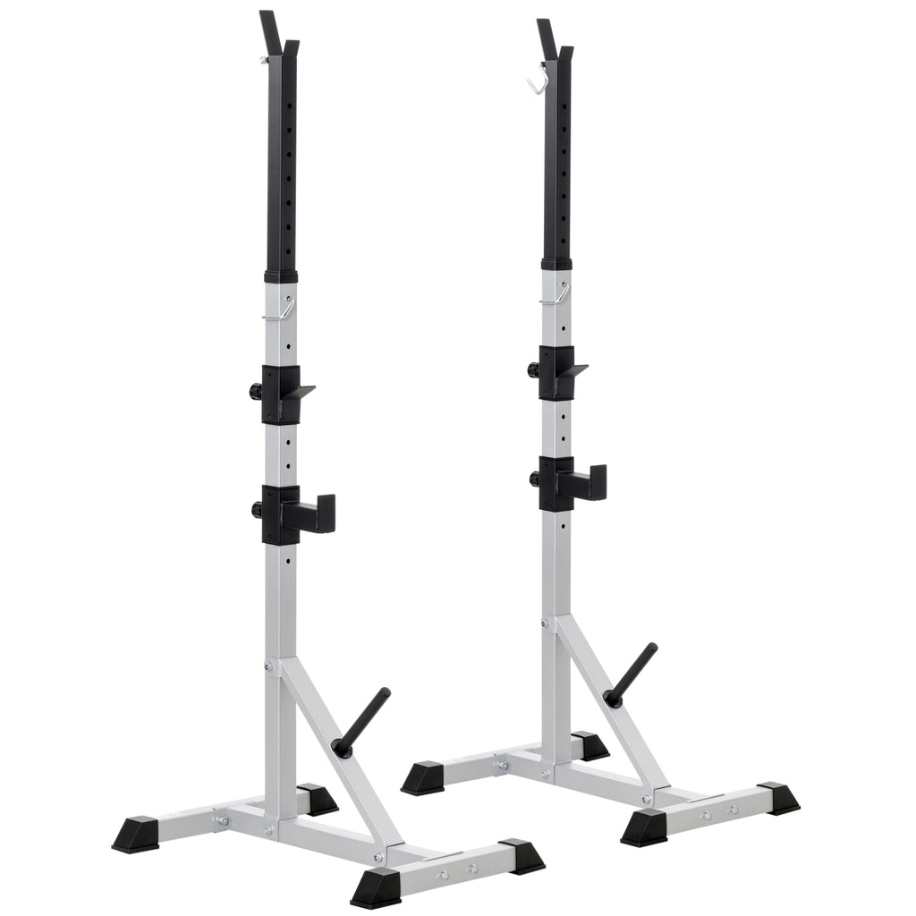 Set of 2 Steel Barbell Stands with 3 Hooks, Adjustable Height and 200kg Capacity, Silver and Black