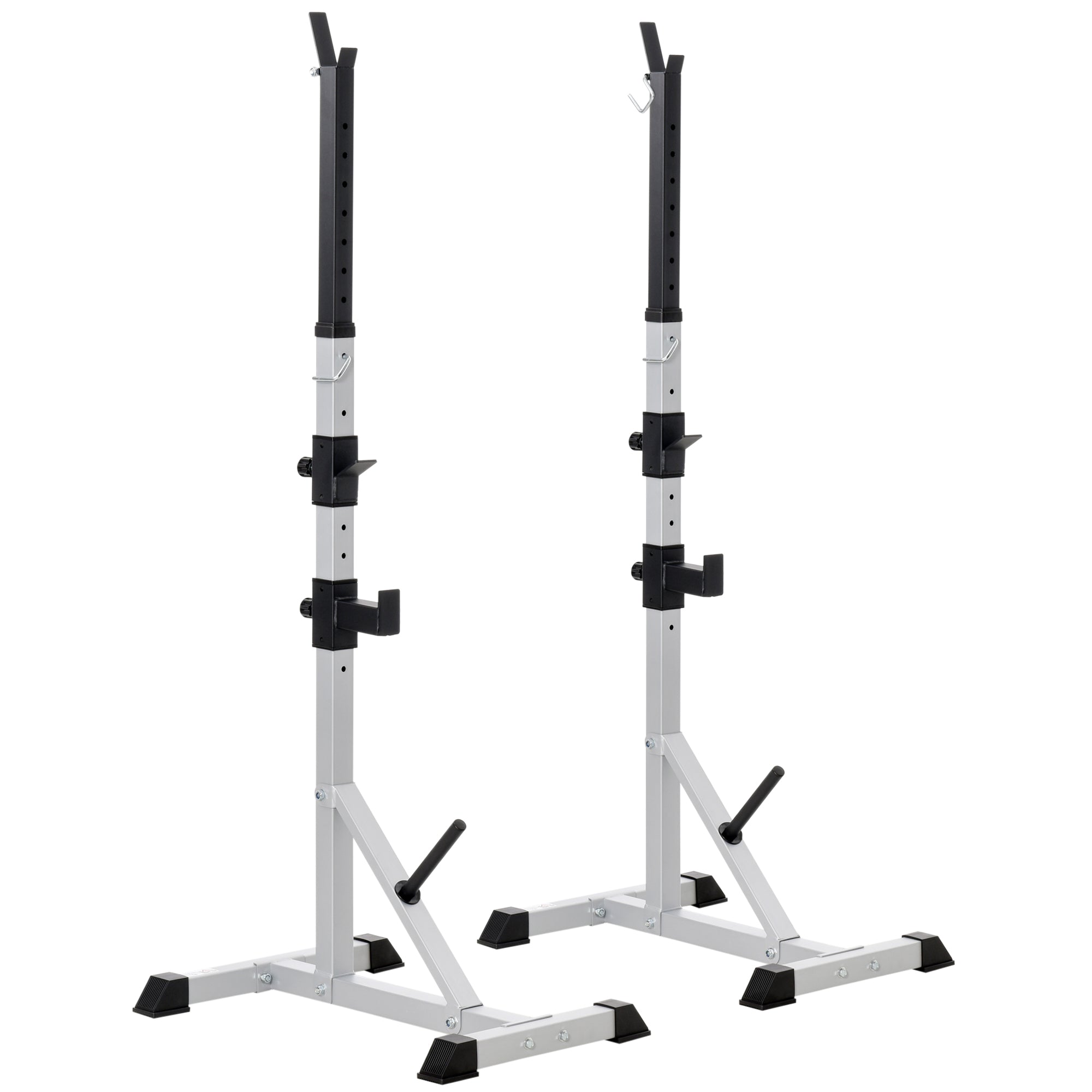 Set of 2 Steel Barbell Stands with 3 Hooks, Adjustable Height and 200kg Capacity, Silver and Black