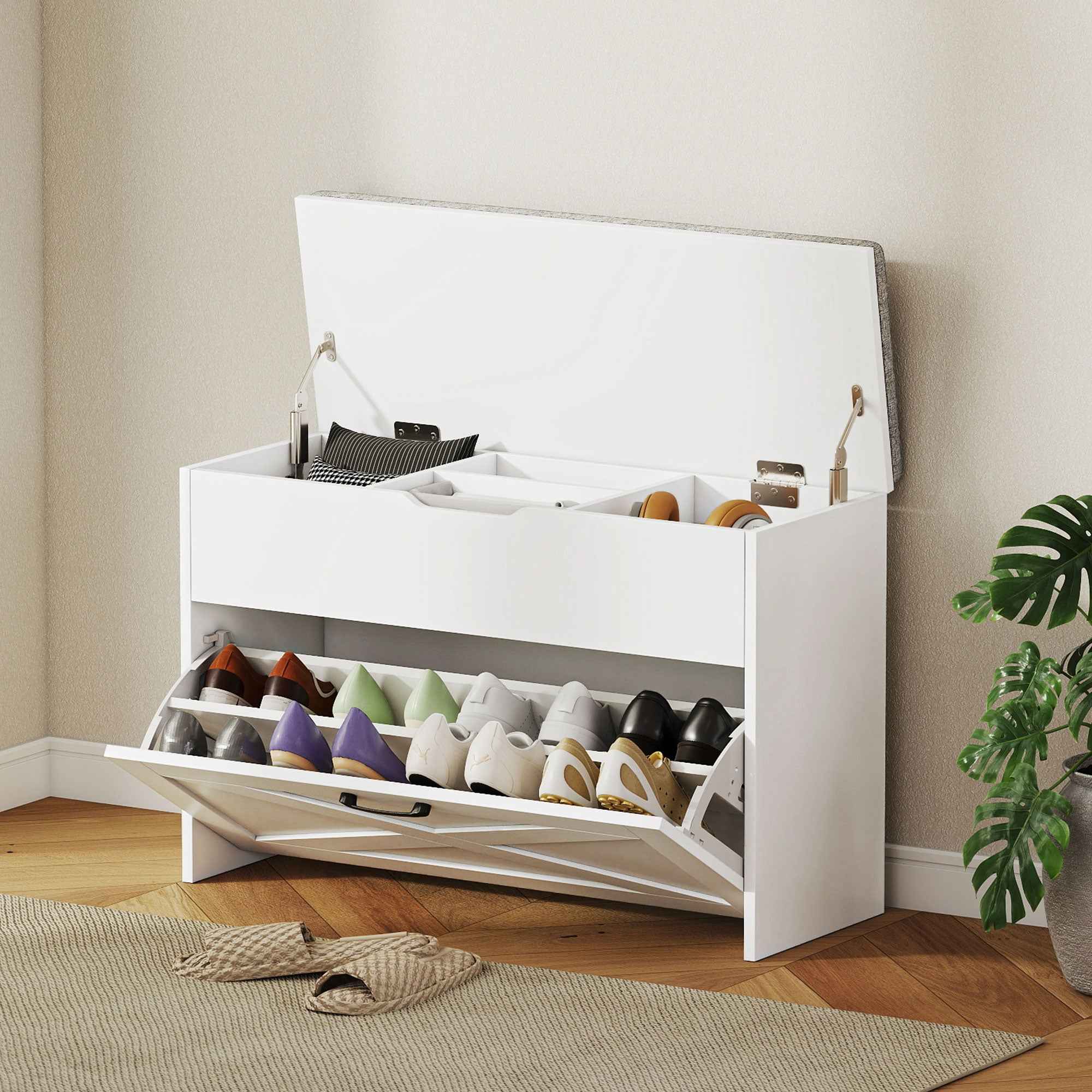 HOMCOM Shoe Bench with Folding Drawer and Storage, Capacity for 8 Pairs of Shoes, 80x30x55 cm, White