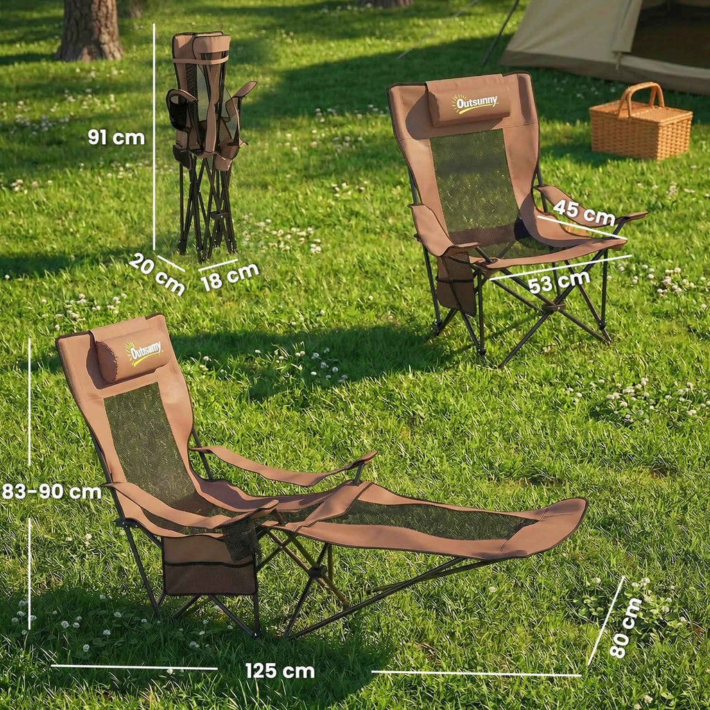 Outsunny Set of 2 Folding Camping Chairs in Oxford Fabric and Metal with Detachable Footrest, Brown and Black