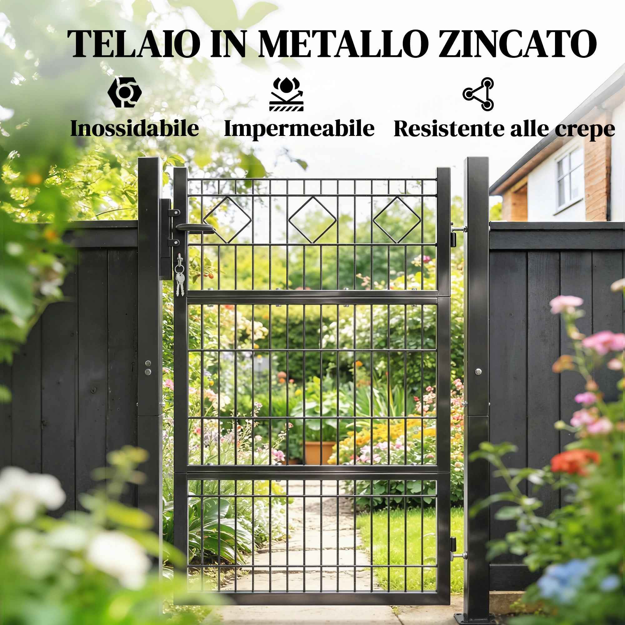 Outsunny Gate 100x131 cm, Galvanized Metal, Lock, Keys, Handle, 2 Posts