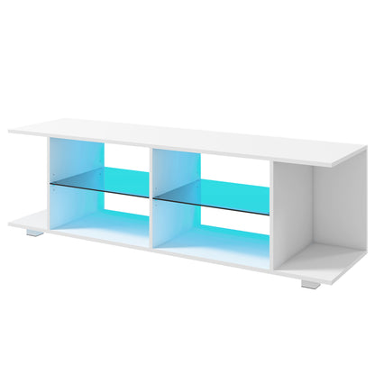 HOMCOM 60" TV Cabinet with 12 Color Lights and 2 Adjustable Shelves, in Chipboard and Glass, 144.8x40x45 cm, White