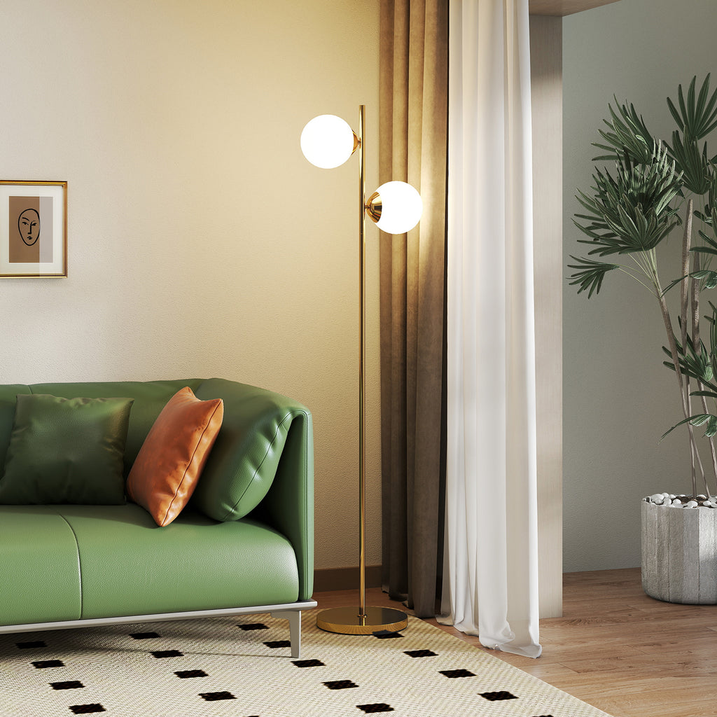 Floor Lamp with 2 Lights and Sphere Lampshades, Foot Switch and E27 Socket, Ø28x165 cm, Gold
