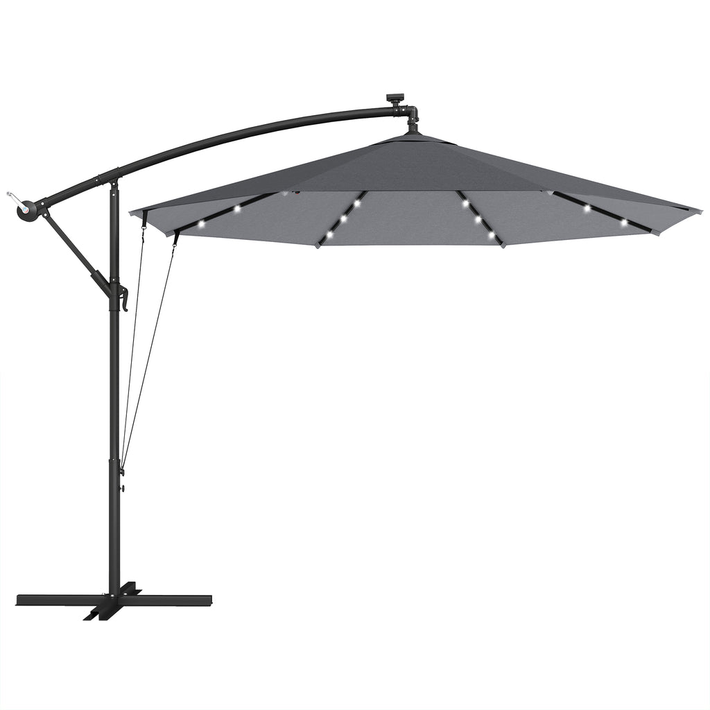 Outsunny 3m Cantilever Umbrella with Solar LED Lights, Garden Umbrella, Grey