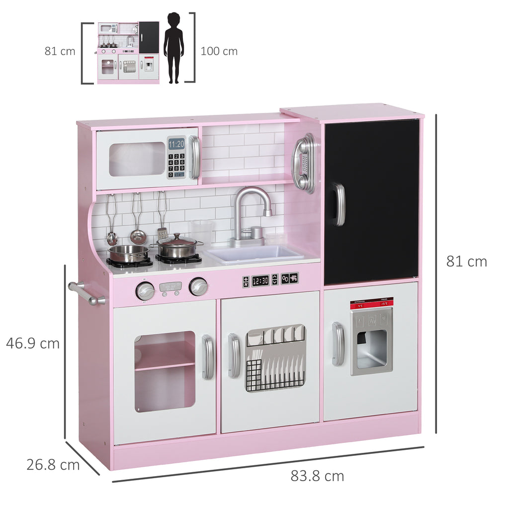 Wooden Toy Kitchen for Kids Ages 3-8 with Stove, Microwave, Sink, and Accessories, Pink