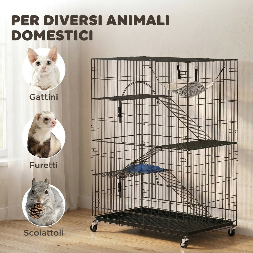 PawHut 4-Tier Cat House with Hammock, Bed, Ramps and Metal Platforms with Pull-Out Tray, Black