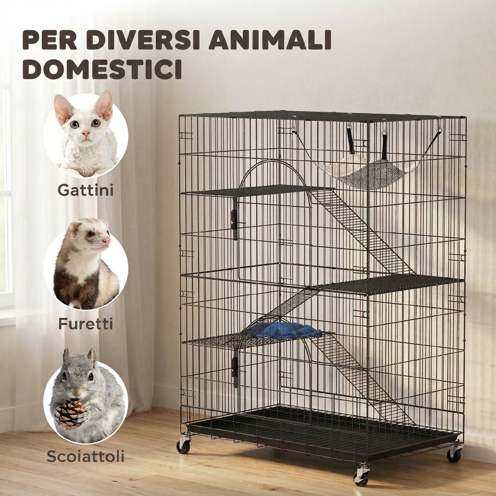 PawHut 4-Tier Cat House with Hammock, Bed, Ramps and Metal Platforms with Pull-Out Tray, Black