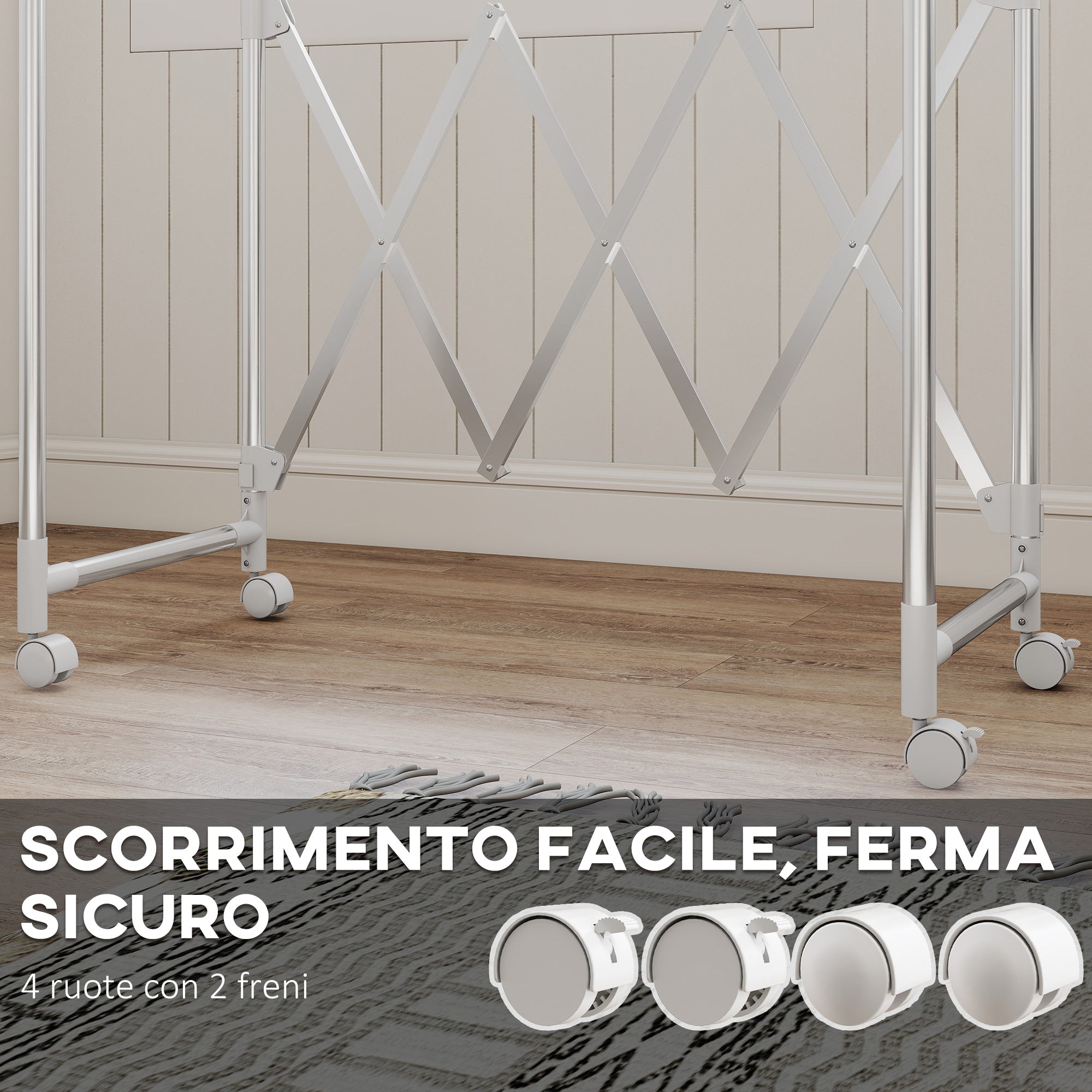 Folding Clothes Airer with 3 Adjustable Bars, Swivel Wheels and Stainless Steel Frame, Silver