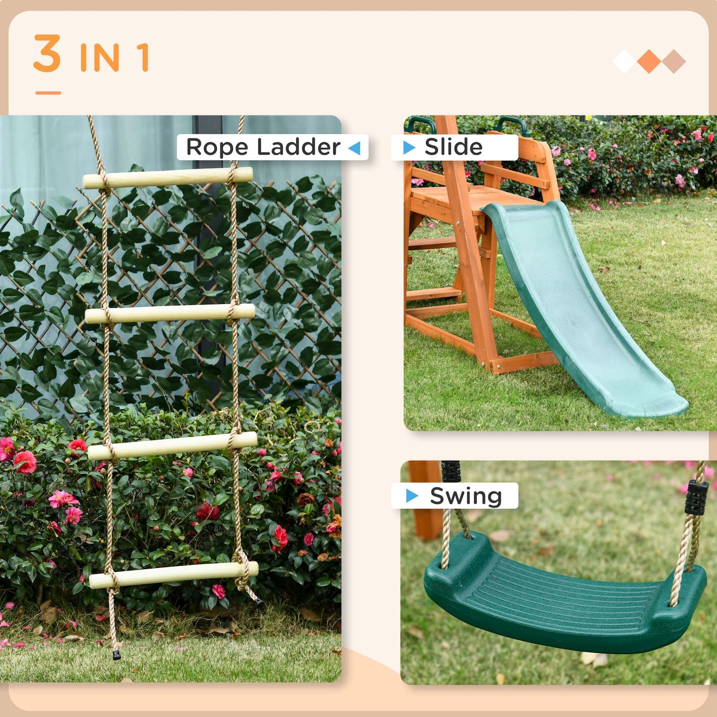 Outsunny set with slide, garden swing and wooden rope ladder for children age 3-8 years - Borgè