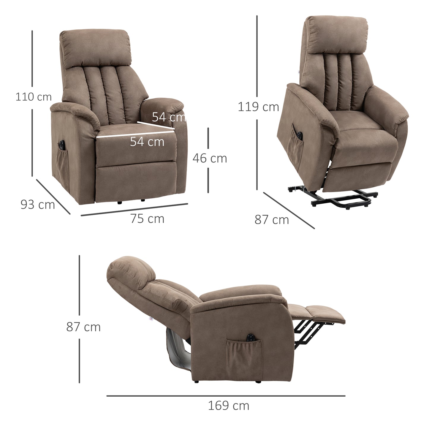 Lift Armchair Reclining 150° max with Remote Control and Footrest, 75x93x110 cm, Brown