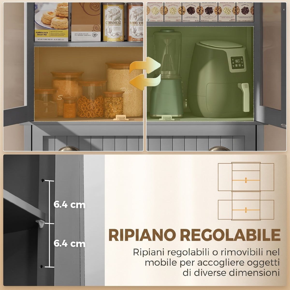 5-Tier Pantry Unit with Central Drawer in MDF and Chipboard, 76x40x182.5 cm, Grey