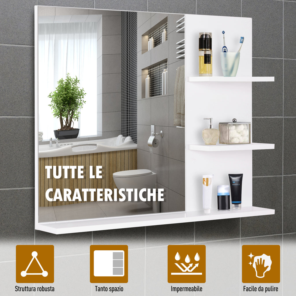 kleankin Bathroom Wall Cabinet 60 x 10 x 48cm, with Mirror and 3 Shelves, White MDF Wall Cabinet