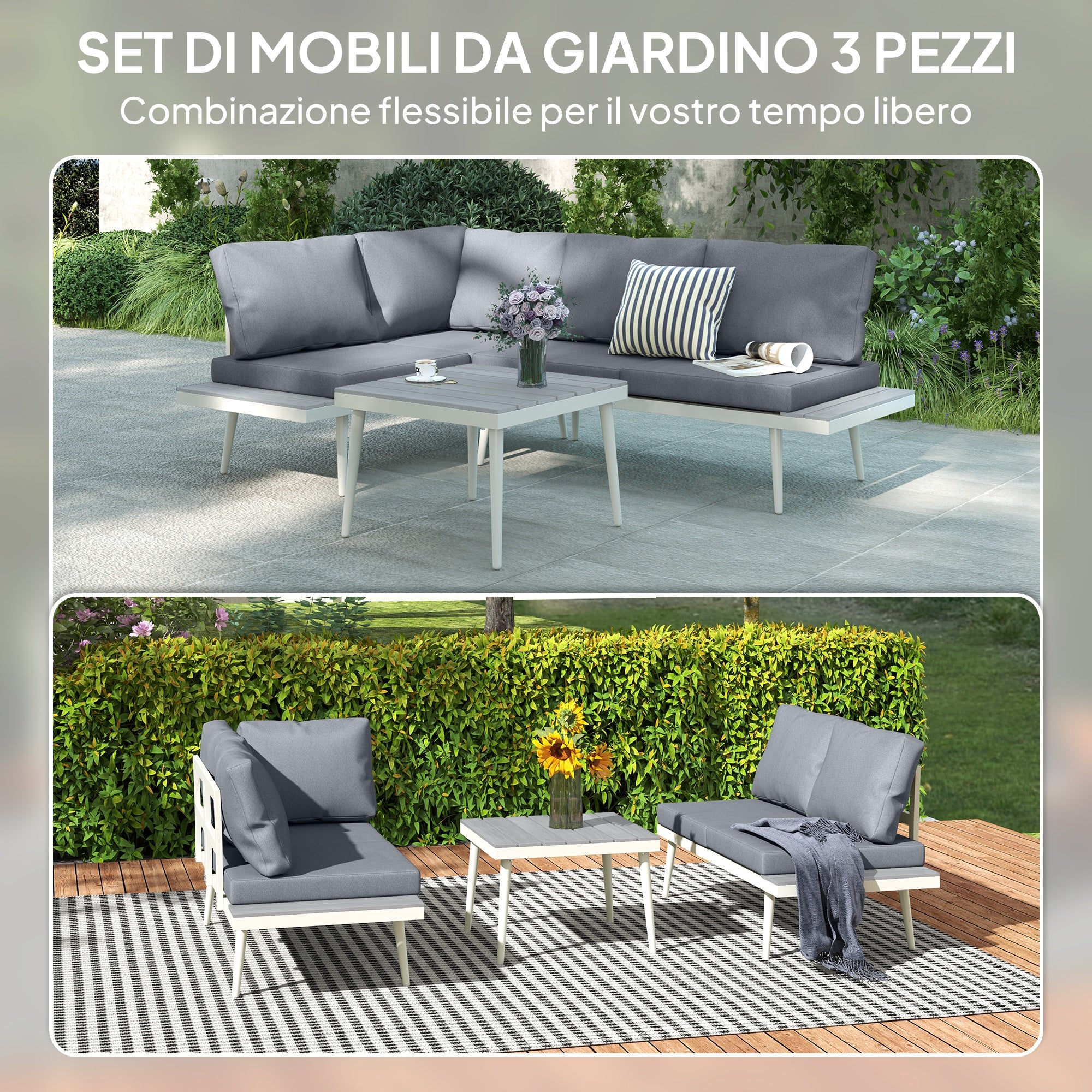 Garden Lounge with 2 Sofas with Cushions, 5-Level Adjustable Backrest and Slatted Coffee Table, Gray