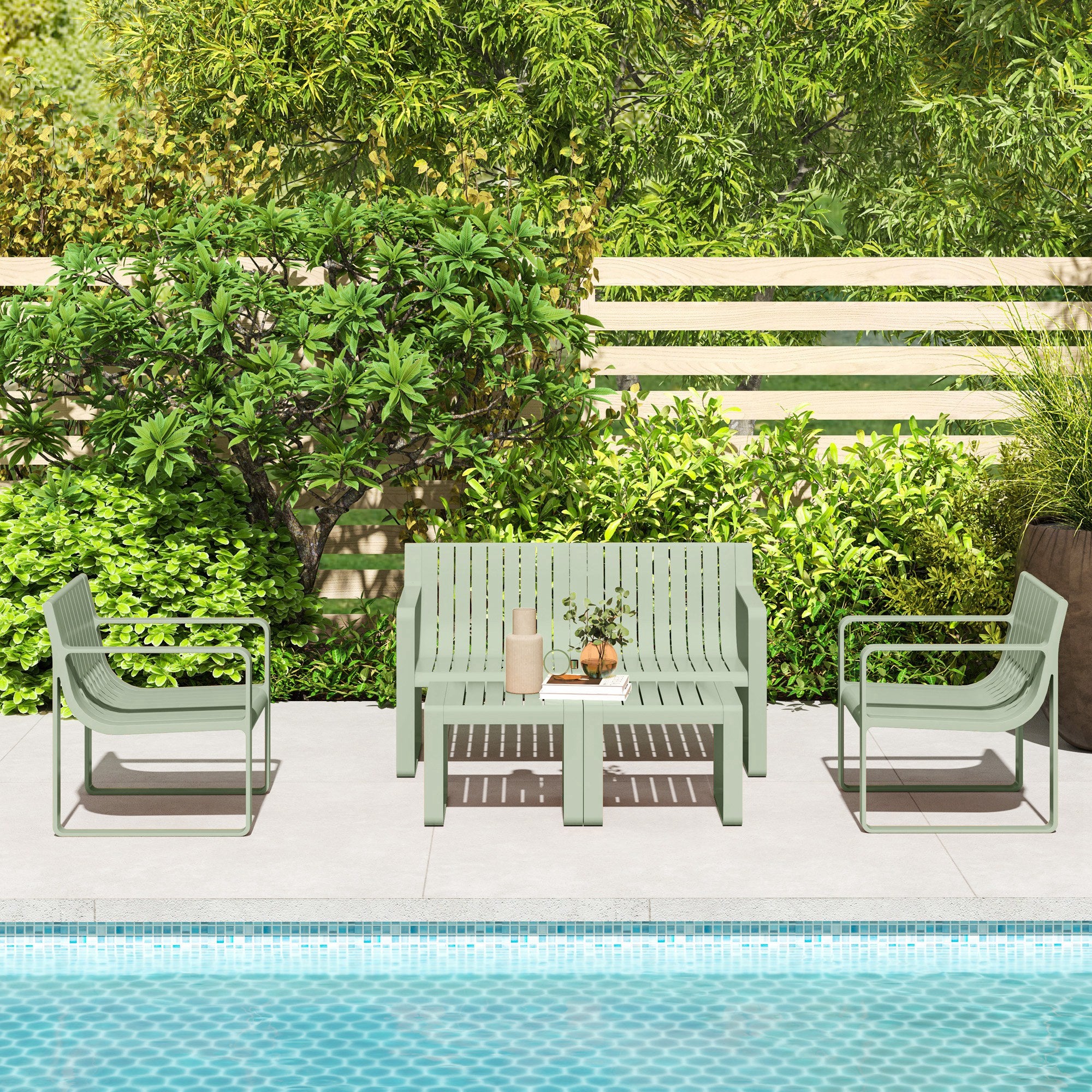 5 Piece Slatted Garden Set with Sofa, 2 Armchairs and 2 Coffee Tables in Green Polypropylene