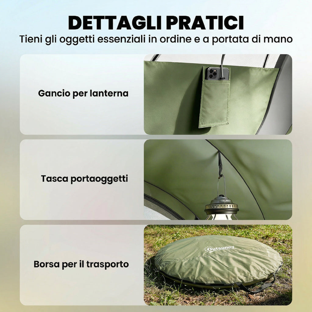 Outsunny Pop-Up Camping Tent for 2-3 People, 2 Doors, 2 Windows, Waterproof, Green