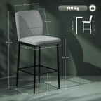 Set of 2 Modern Velvet Bar Stools with Footrest and Backrest, 41x52x97 cm, Grey