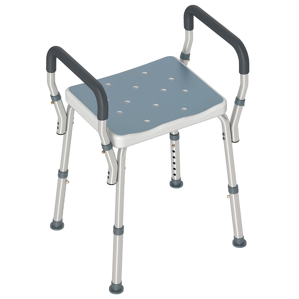 Adjustable Shower Stool with Armrests and Drainage Holes, Made of Aluminum, HDPE and EVA, 52x45x57-69 cm