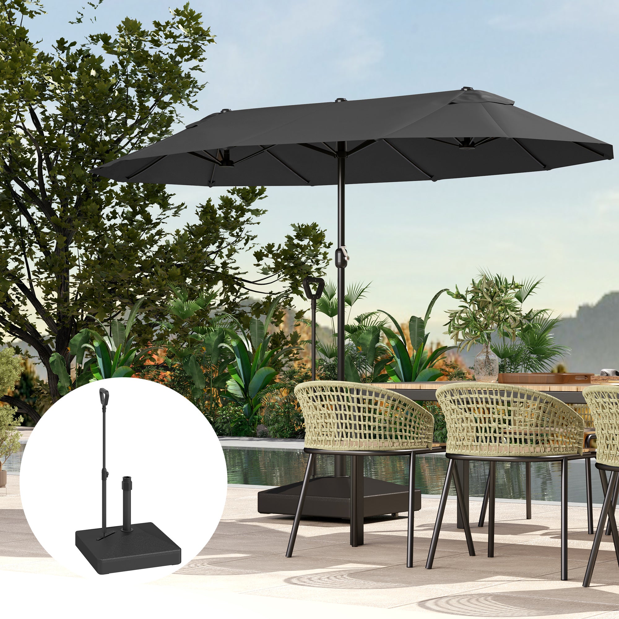 HDPE Umbrella Base with Handle and Wheels and Fillable with Water or Sand, 60x60x100 cm, Black