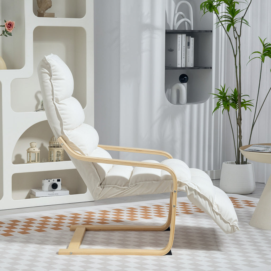 HOMCOM Wooden Relaxing Chair with Velvet Upholstery and Adjustable Footrest, Cream