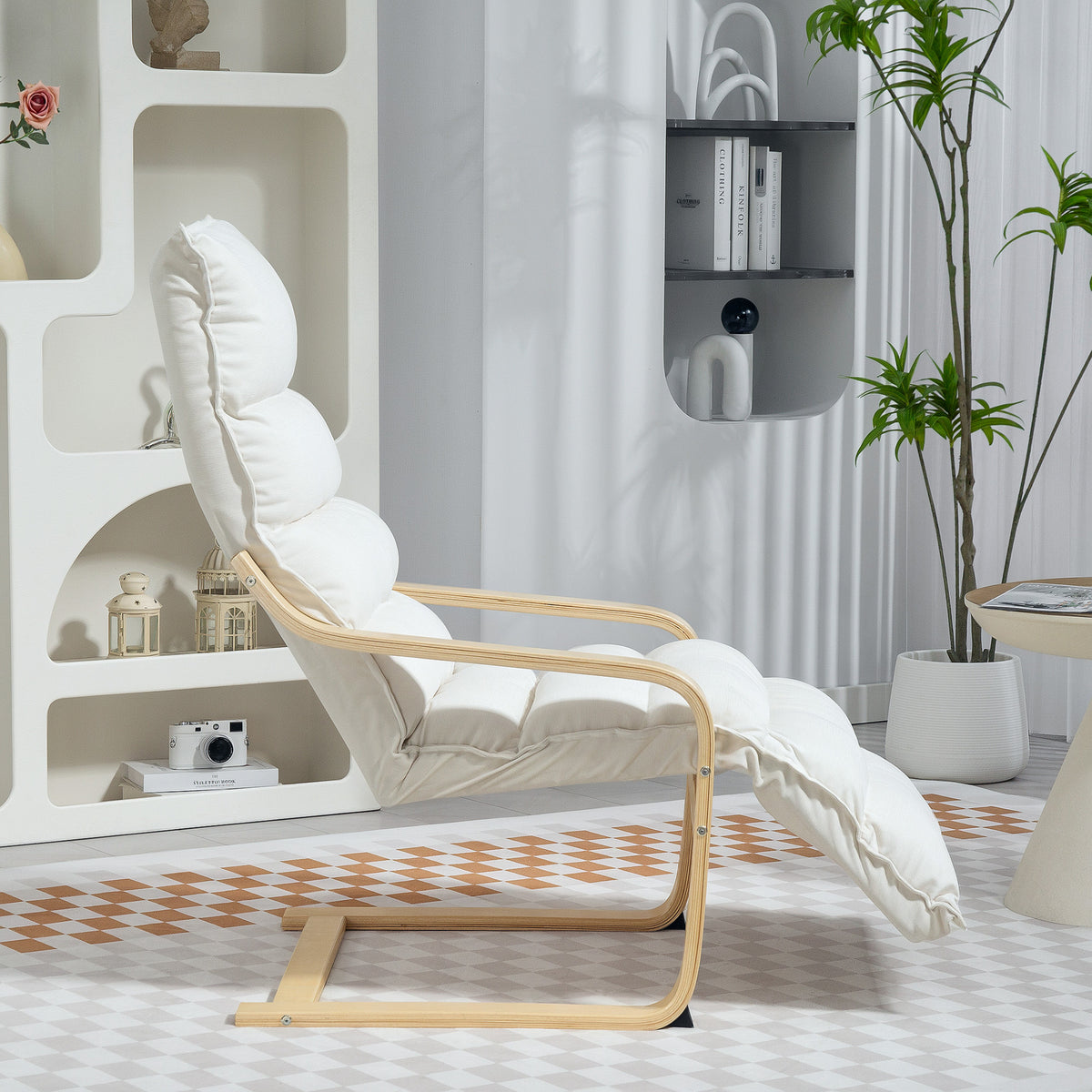 HOMCOM Wooden Relaxing Chair with Velvet Upholstery and Adjustable Footrest, Cream