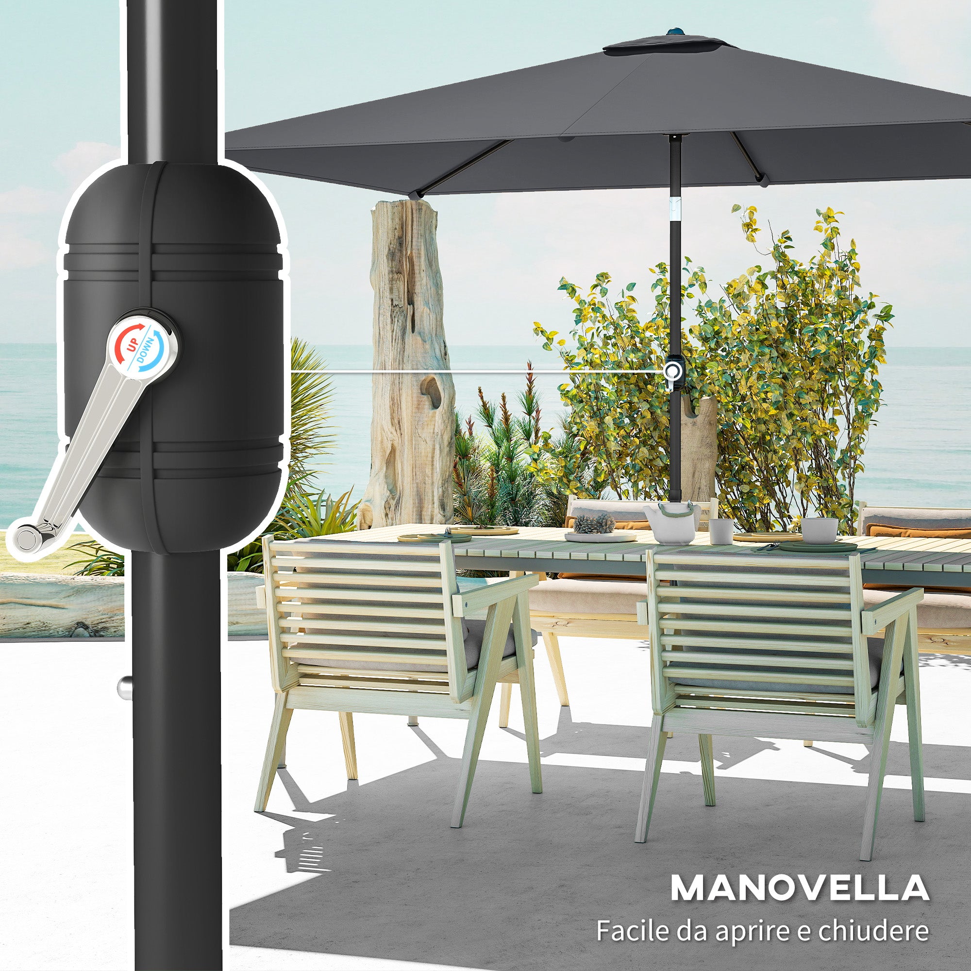 Outsunny 3x2m Rectangular Garden Umbrella with Crank Handle, Metal and Polyester, Dark Grey