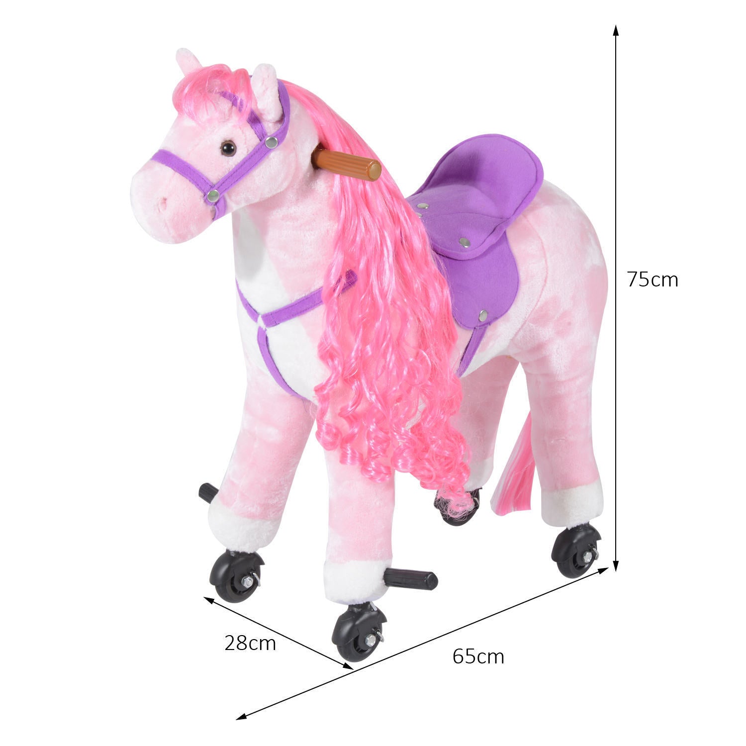 Rocking Horse for Children Ages 3+ with 4 Wheels, Realistic Sounds and Footrest, 65x28x75 cm, Pink