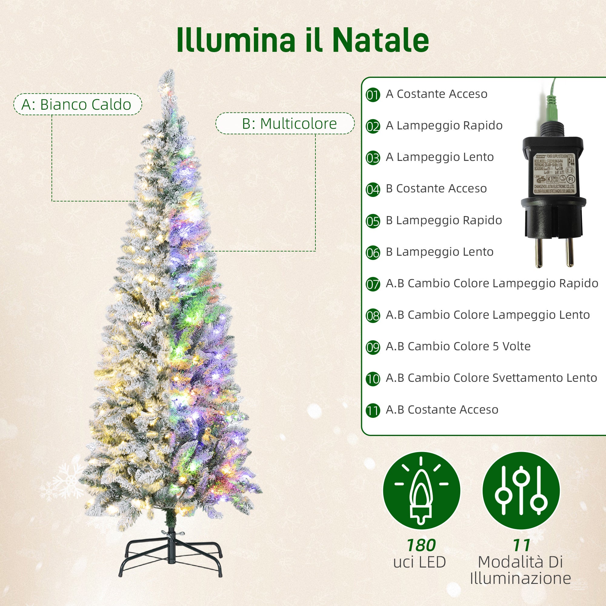 Snow-Covered Christmas Tree with 180 LED Lights, 11 Effects and 479 Branches, Ø65x180 cm, Green and White