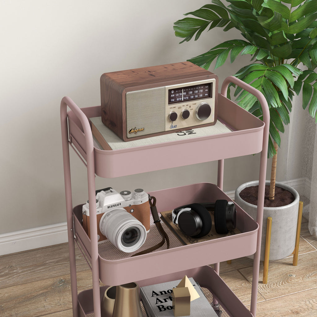 3-Tier Beauty Cart with Handles and 4 Wheels, Steel, 45x30.6x79 cm, Pink