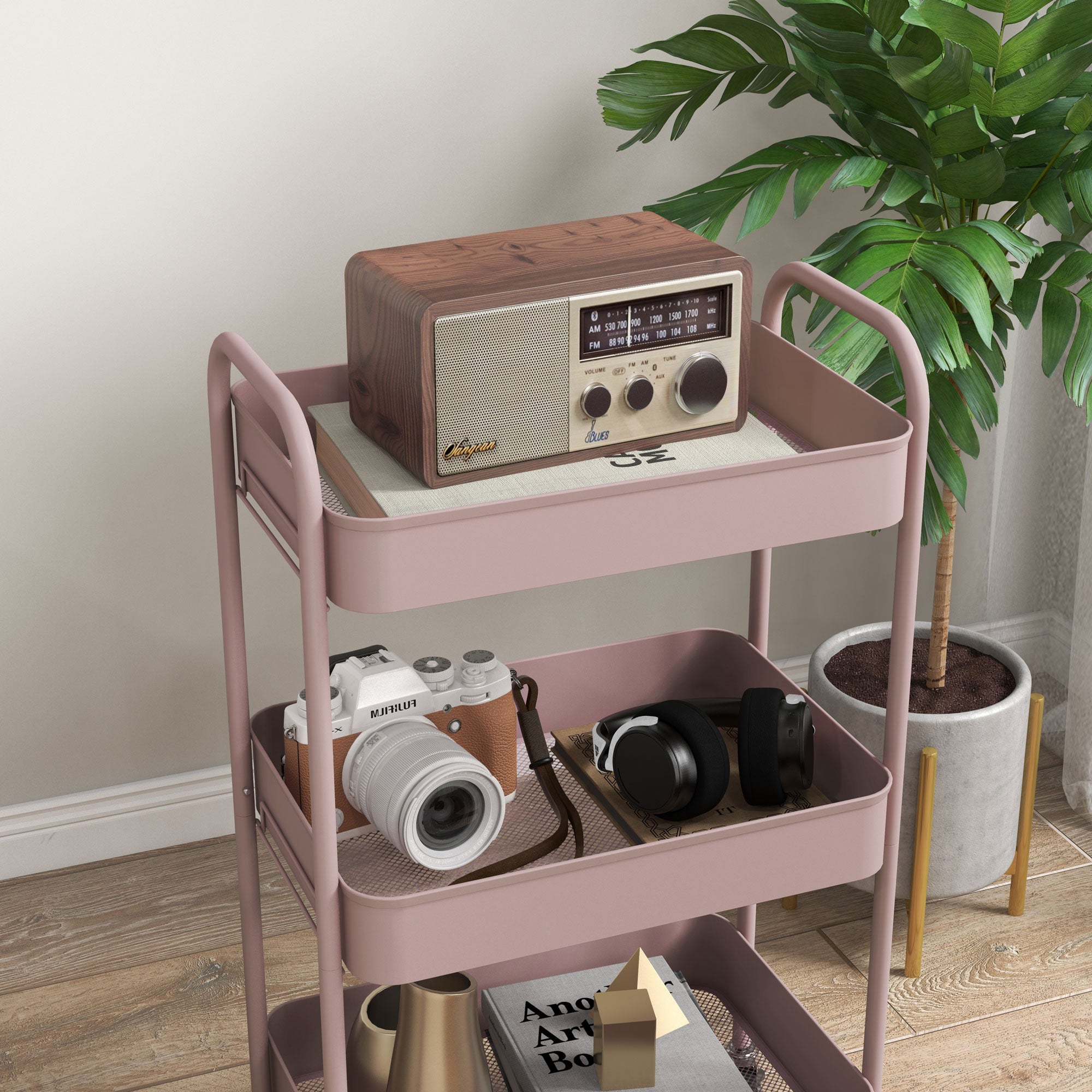 3-Tier Beauty Cart with Handles and 4 Wheels, Steel, 45x30.6x79 cm, Pink