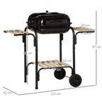 Charcoal Barbecue with Lid, Shelves and Wheels, Complete with Spatula, Tongs and Knife, Black